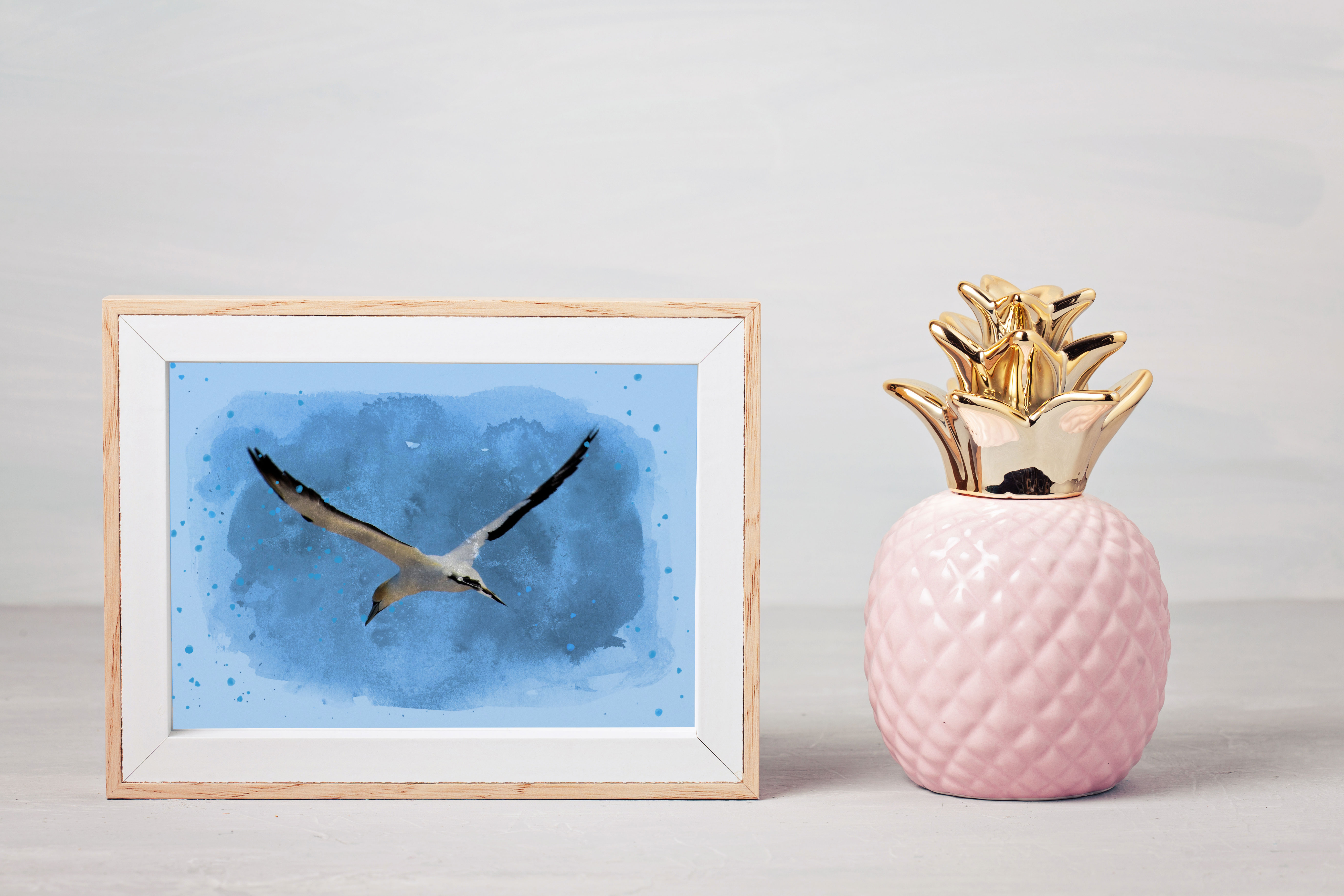 Photoshop watercolor blue bird in mockup frame
